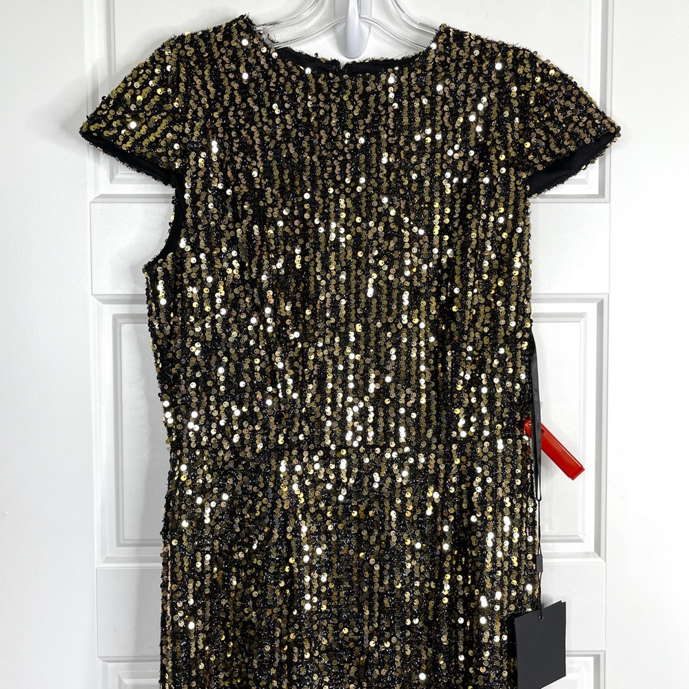 IEENA FOR MAC DUGGAL Sequined Cap Sleeve High Neck Gown NEW Size 8 Black Gold - Picture 4 of 14